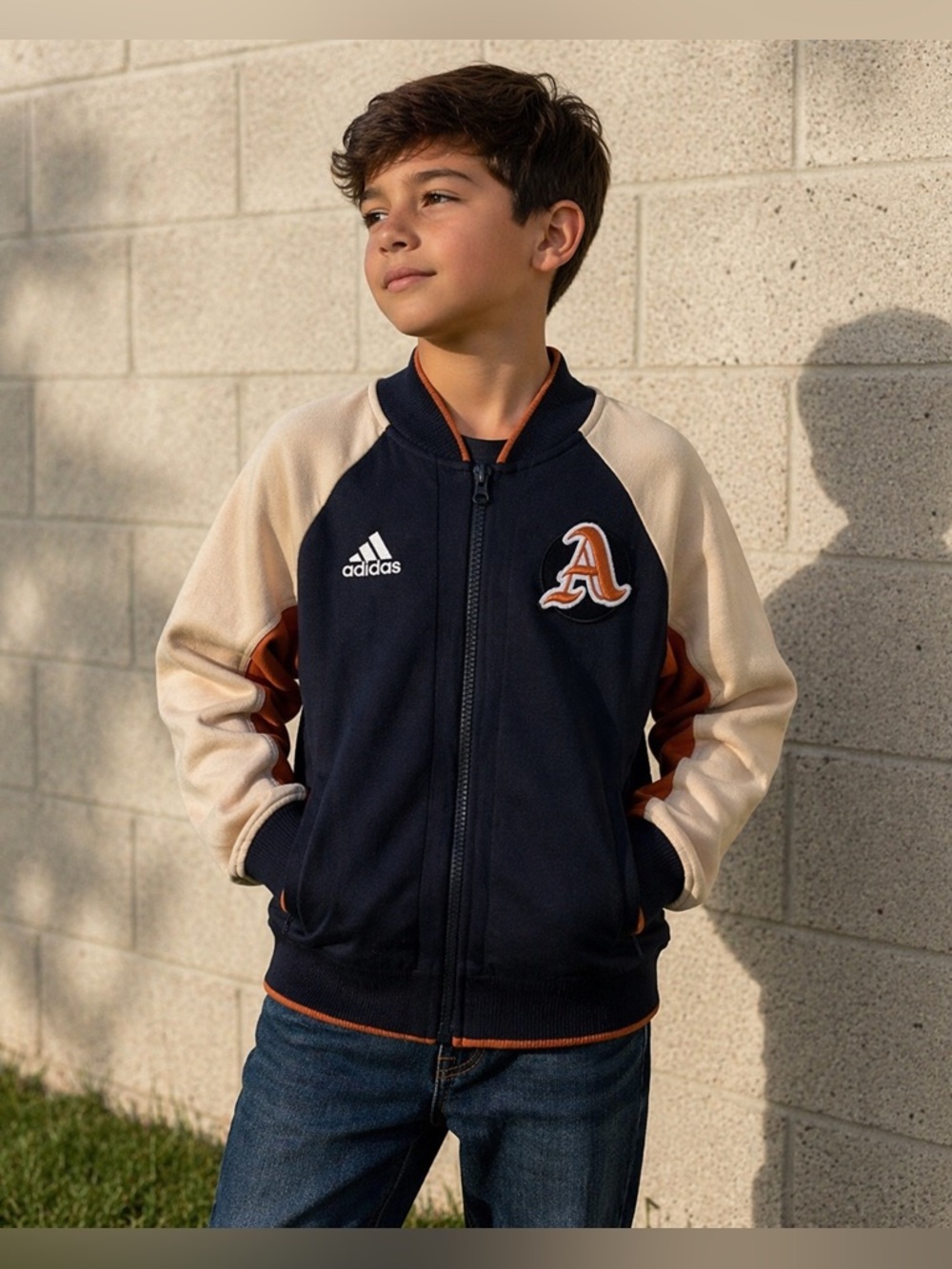 Adidas Kids Navy and Beige Jacket with Orange Accents